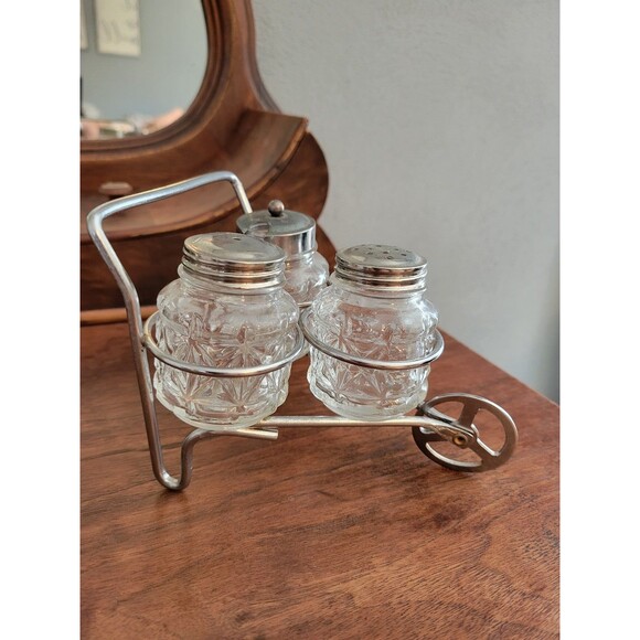 Old Salt And Pepper Shakers With Metal Wheelbarrow Holder - Picture 1 of 4